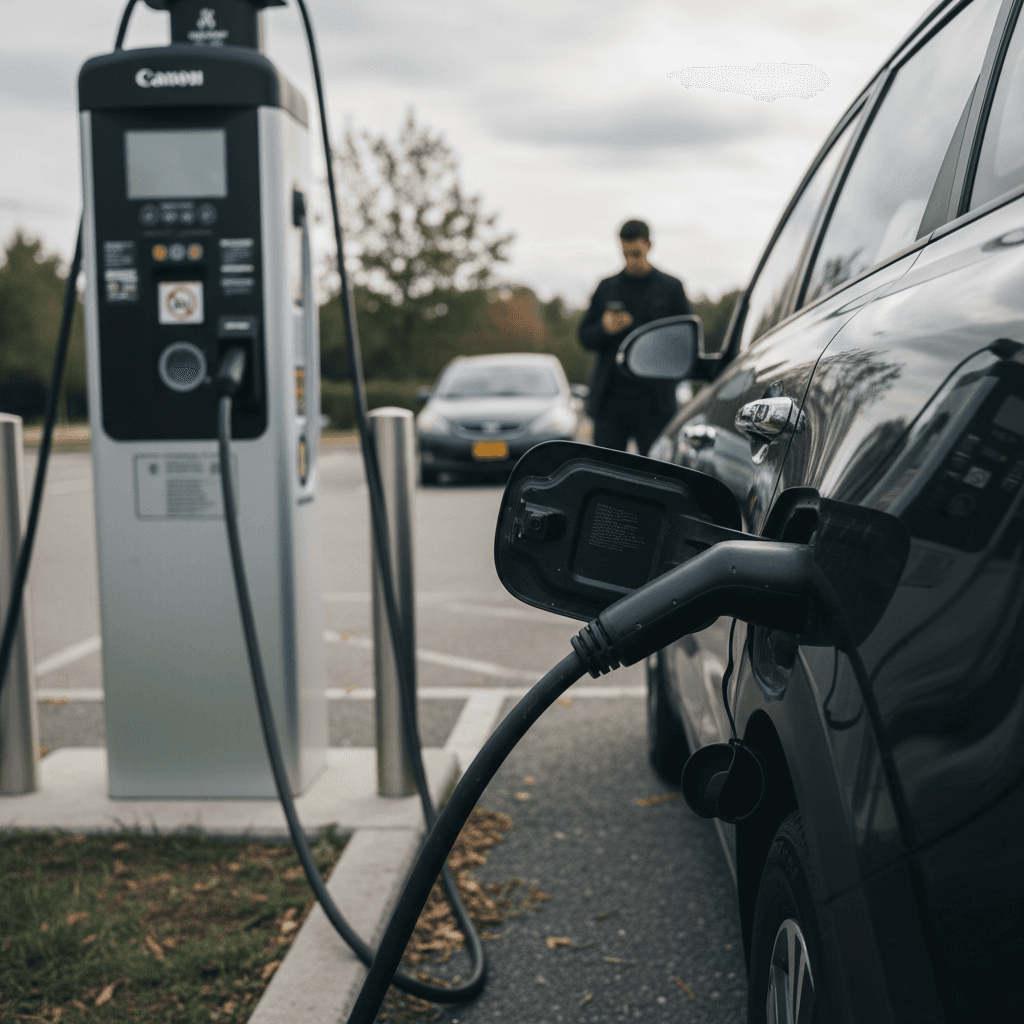 Instrument cluster of a Hyundai Kona Electric showing battery charge level and multiple warning lights
