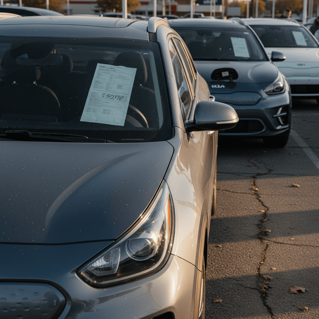 Lineup of used Kia Niro EVs on a dealer lot, emphasizing resale value comparisons across several similar vehicles