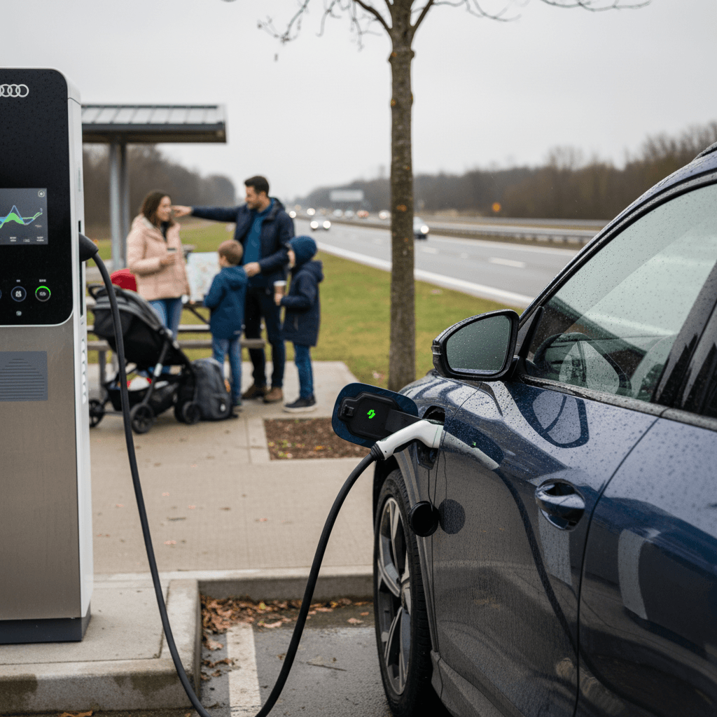 Audi Q4 e-tron charging at a highway DC fast charger while a family takes a break on a road trip