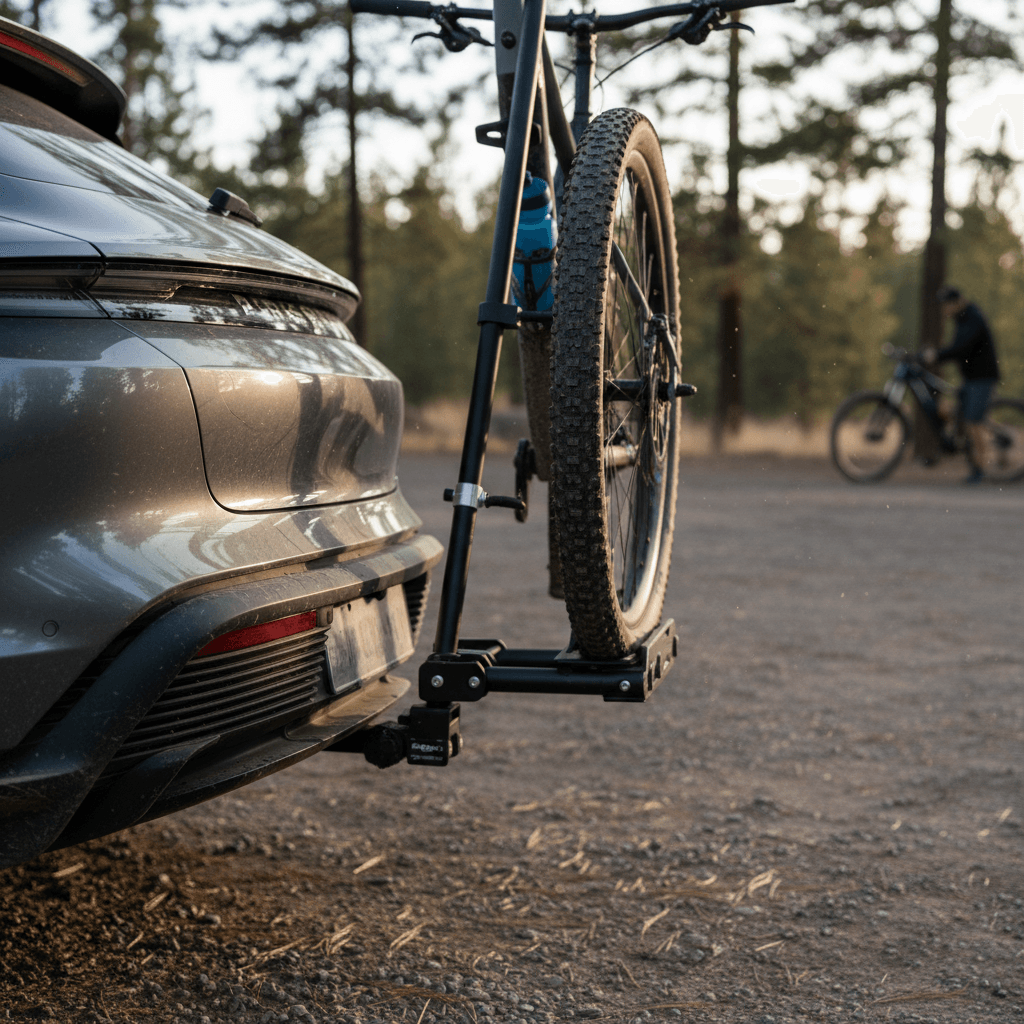 Rear view of a Porsche Taycan with a small receiver hitch and bike rack fitted