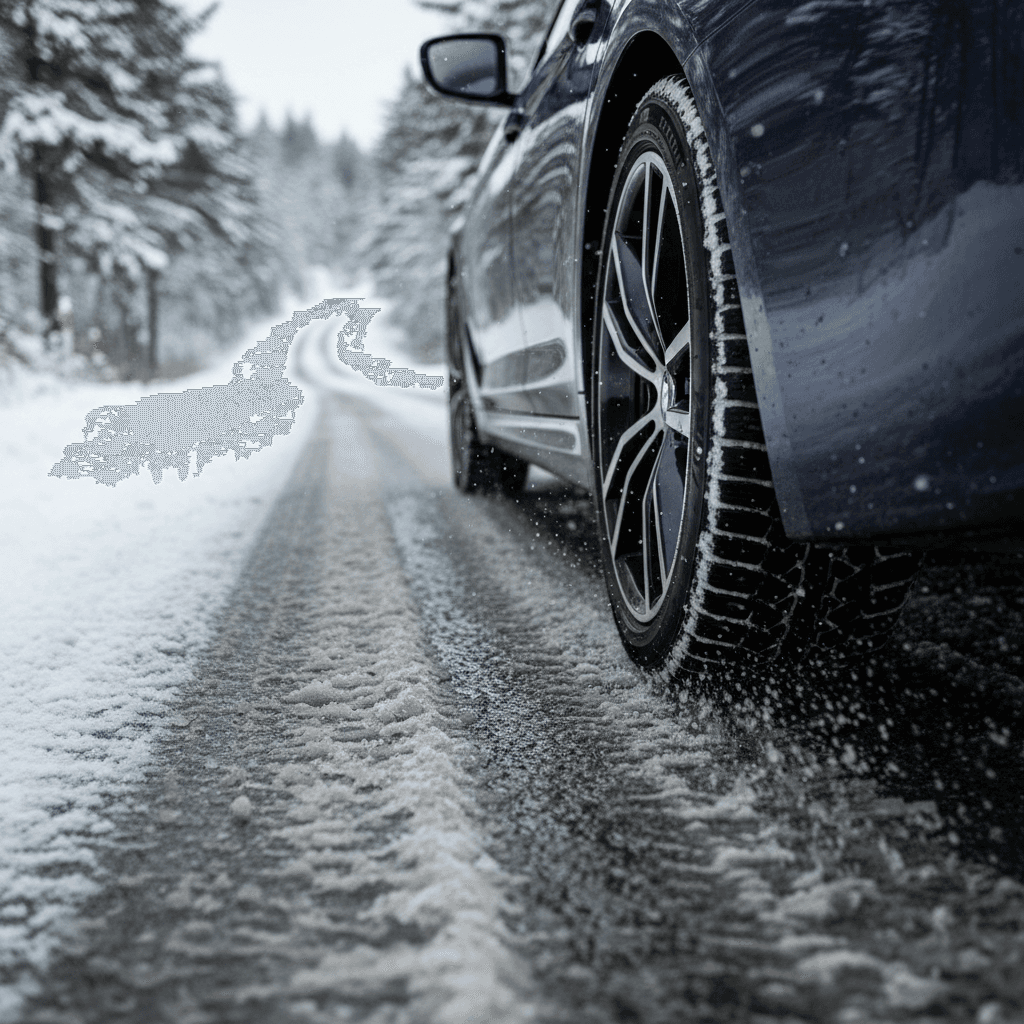 BMW i5 driving along a partially snow-covered road, showing tire tracks in slush and snow
