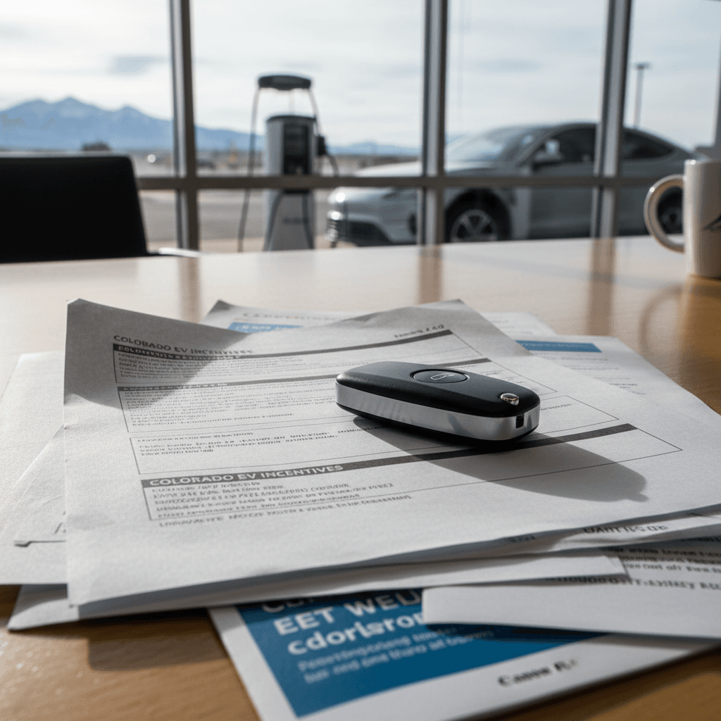 EV shopper in Colorado reviewing lease paperwork and monthly payment options in front of a dealership window showing charging stations