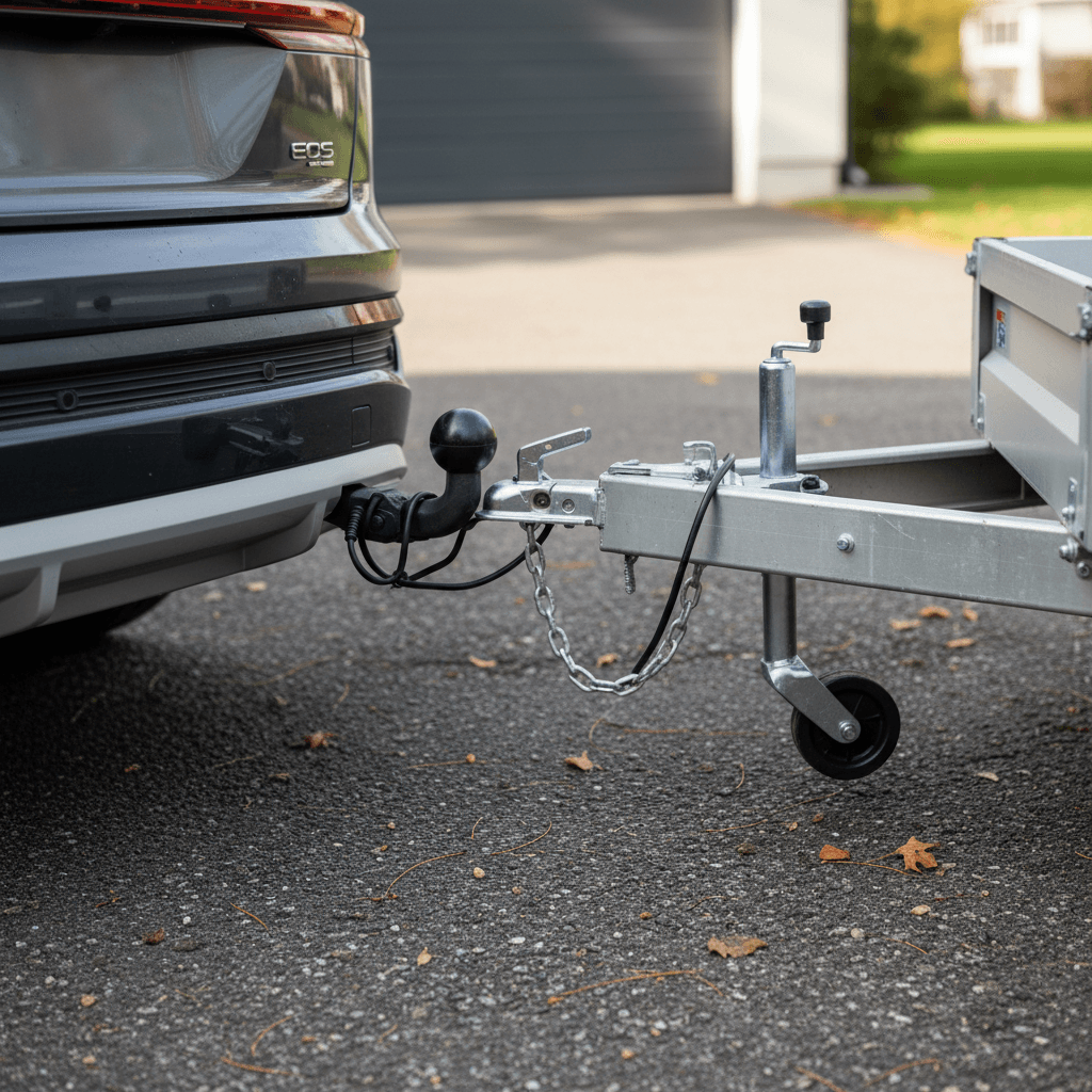Audi Q4 e-tron with a factory tow hitch connected to a small utility trailer in a residential driveway