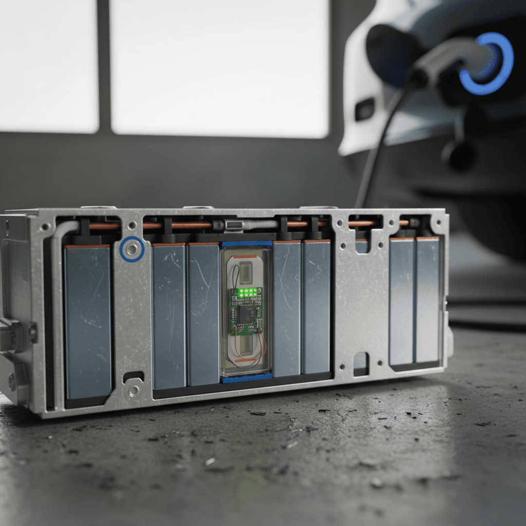 Closeup of an electric car dashboard showing battery range and state of charge