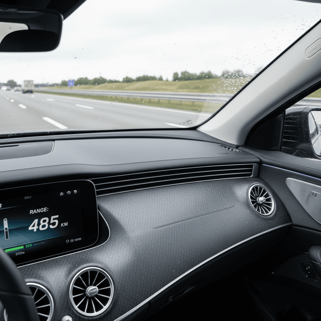 2024 Mercedes EQE sedan driving on an open highway with digital range display visible on the screen