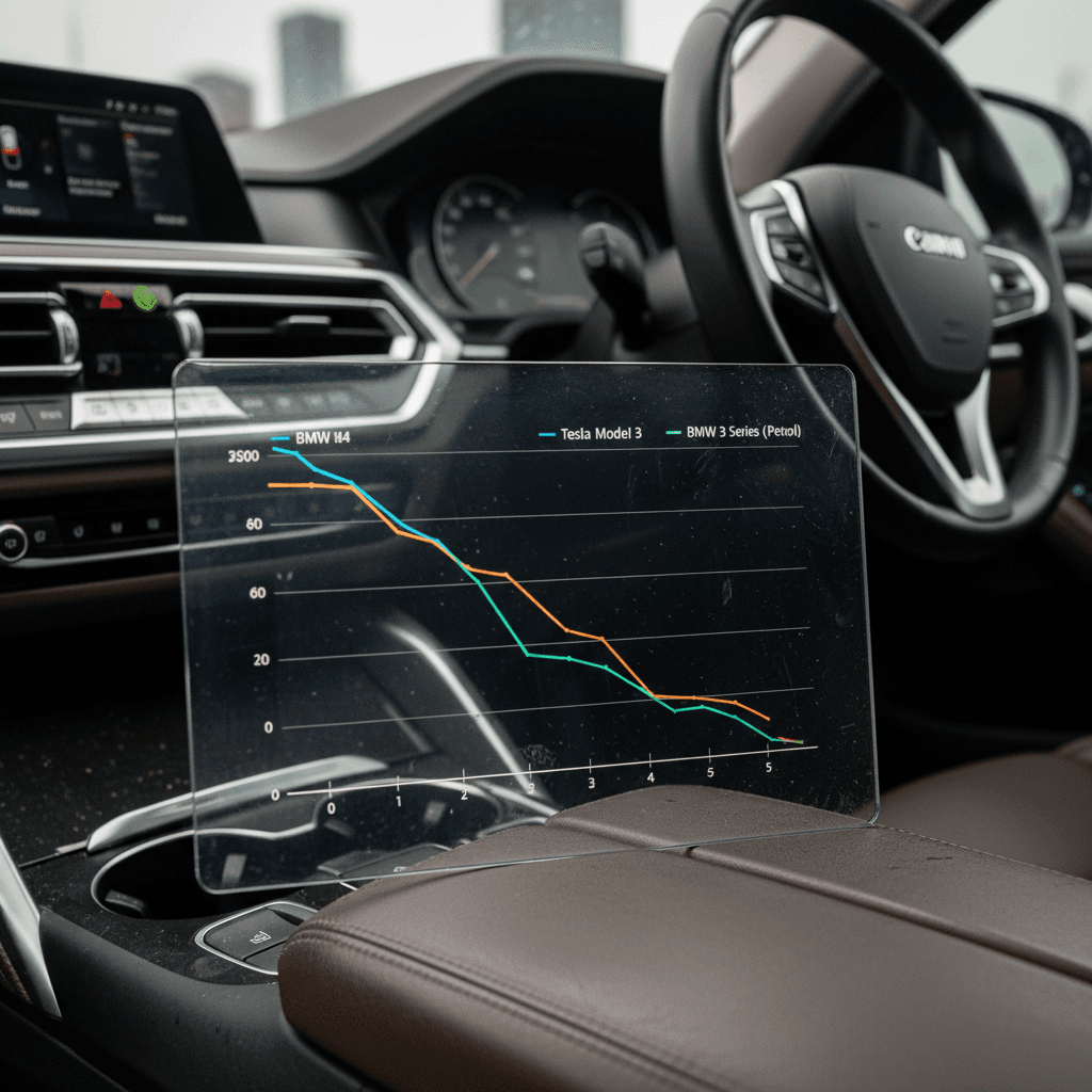 Illustrative depreciation curves for a BMW i4 compared with a Tesla Model 3 and a gasoline BMW 3 Series over five years