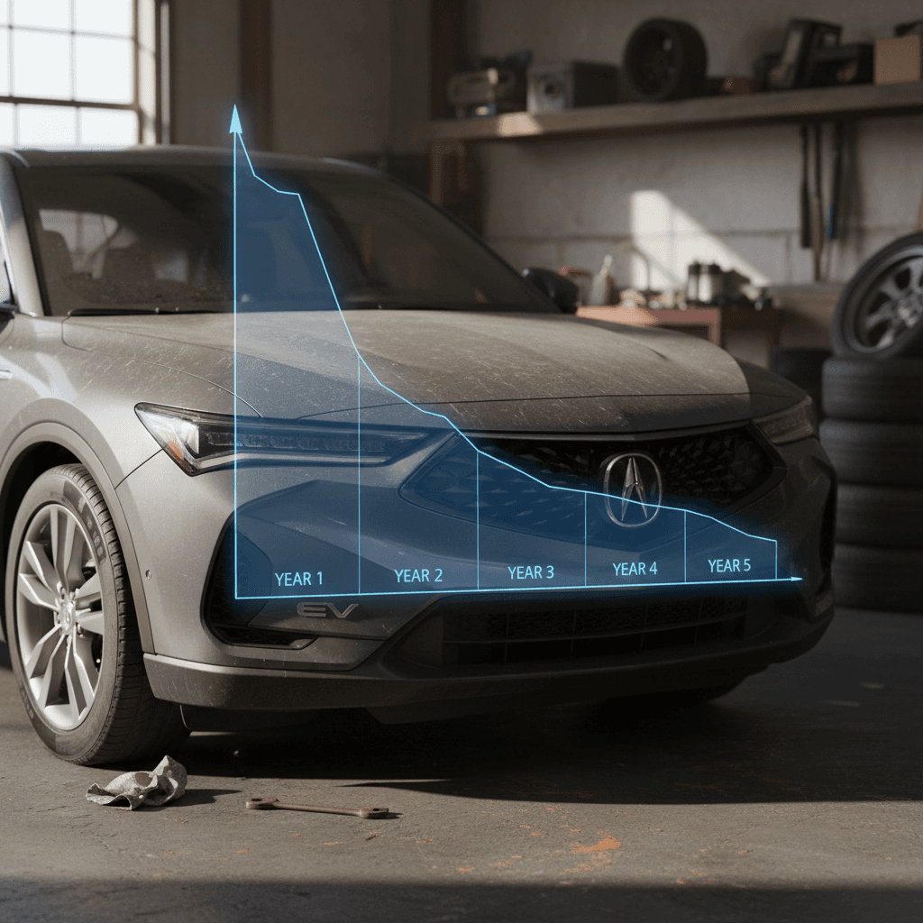 Illustrated depreciation curve for a premium electric SUV showing sharp early drop then flattening by year five