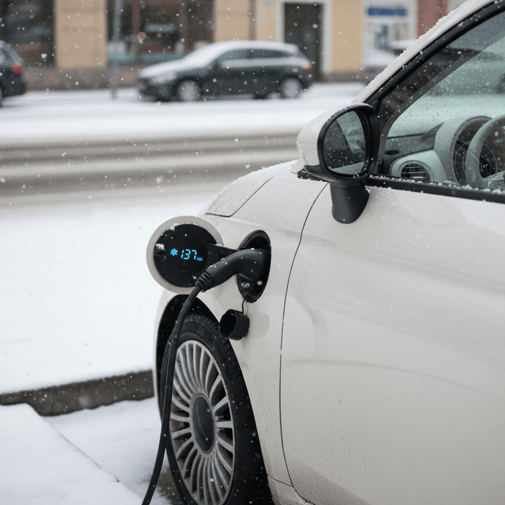 Fiat 500e plugged in and charging on a snowy driveway, with range estimate visible on the dashboard screen