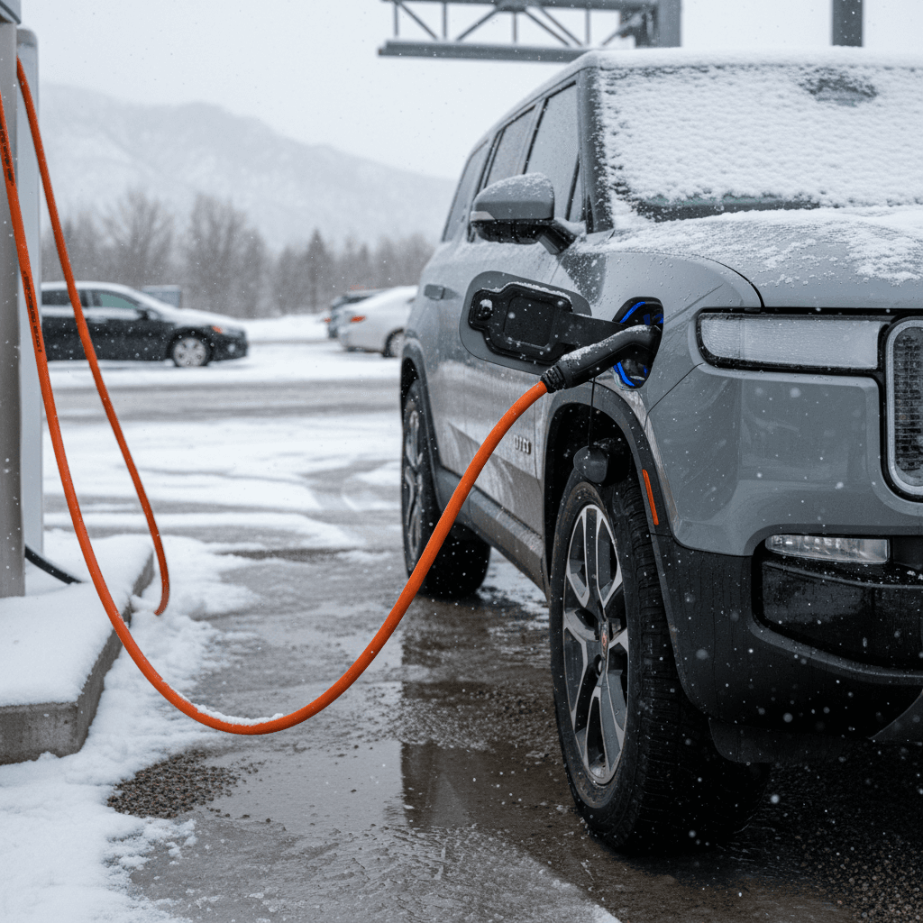 Rivian R1S plugged into a DC fast charger in a snowy parking lot, illustrating winter charging and range planning