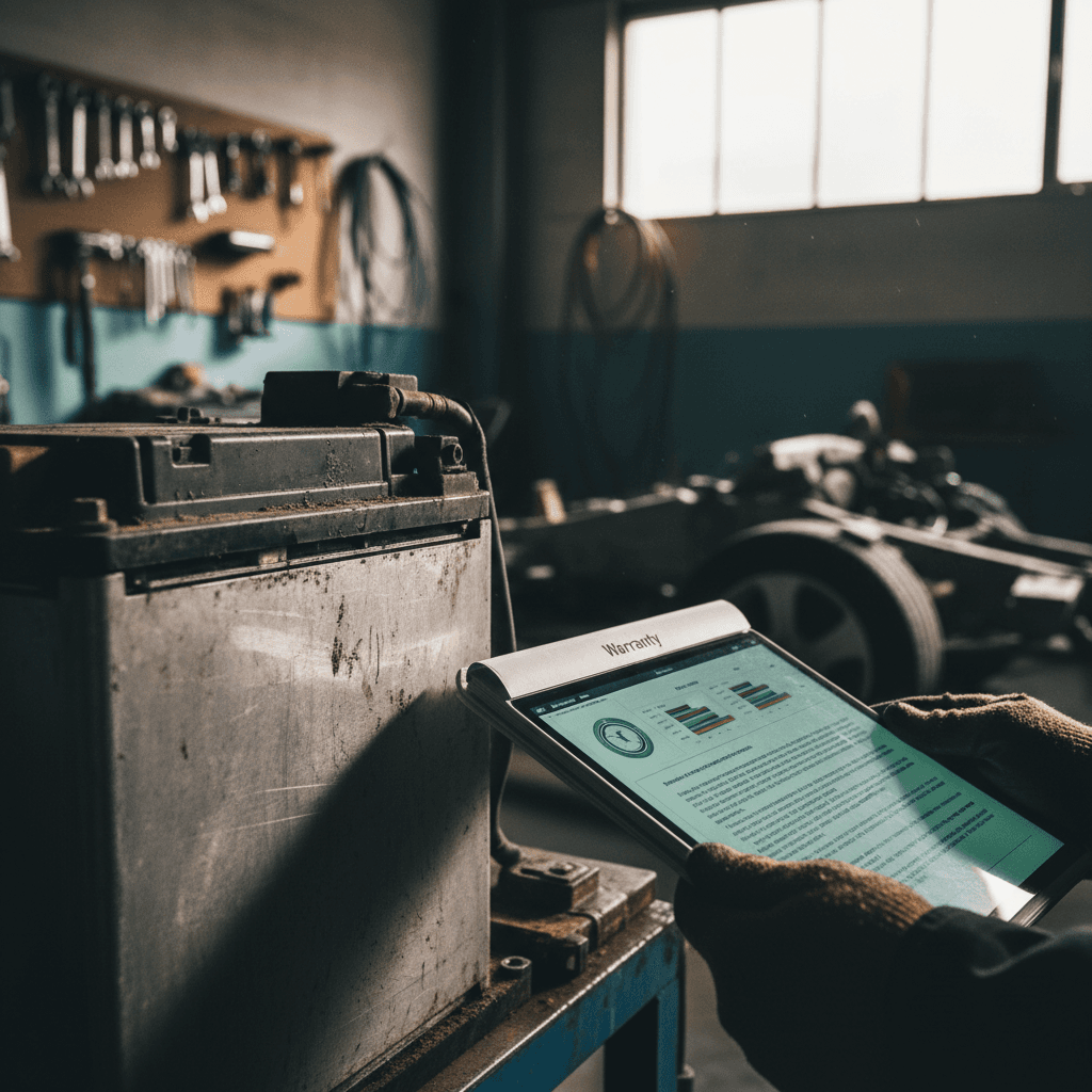 EV owner at a kitchen table reading through electric car battery warranty paperwork