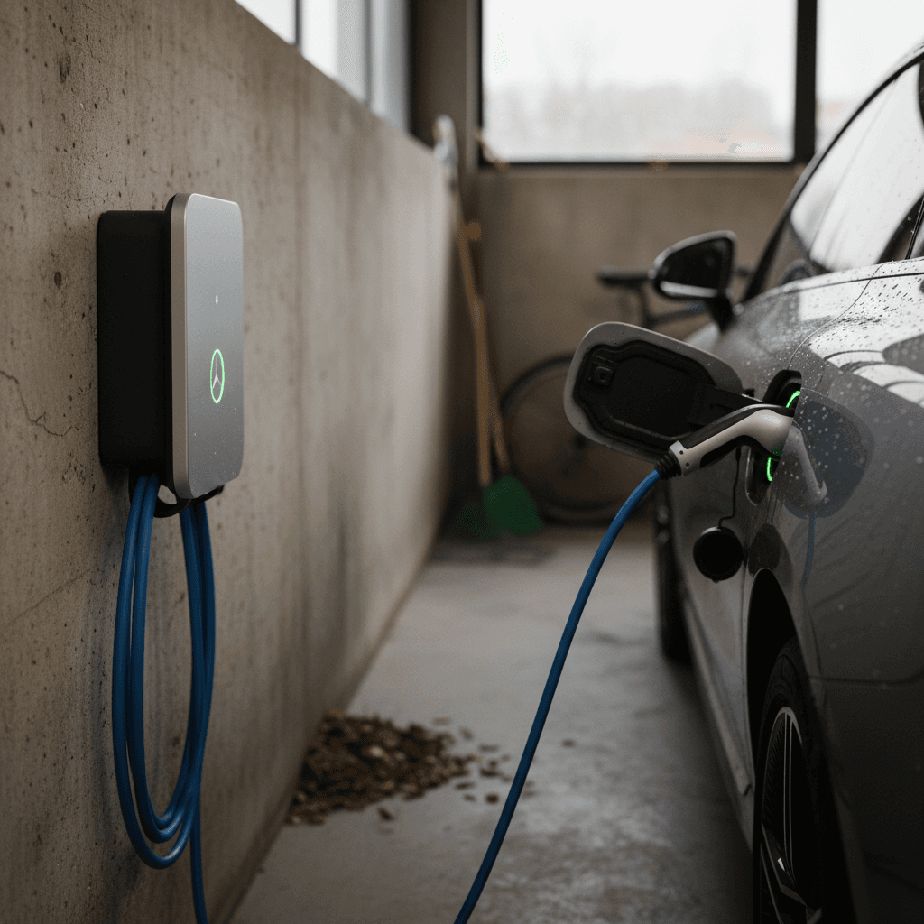 Mercedes EQE plugged into a home wallbox charger, highlighting the high-voltage battery and charging port area