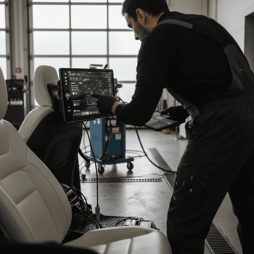 Technician checking a Polestar 3 rear seat backrest and camera display during recall service