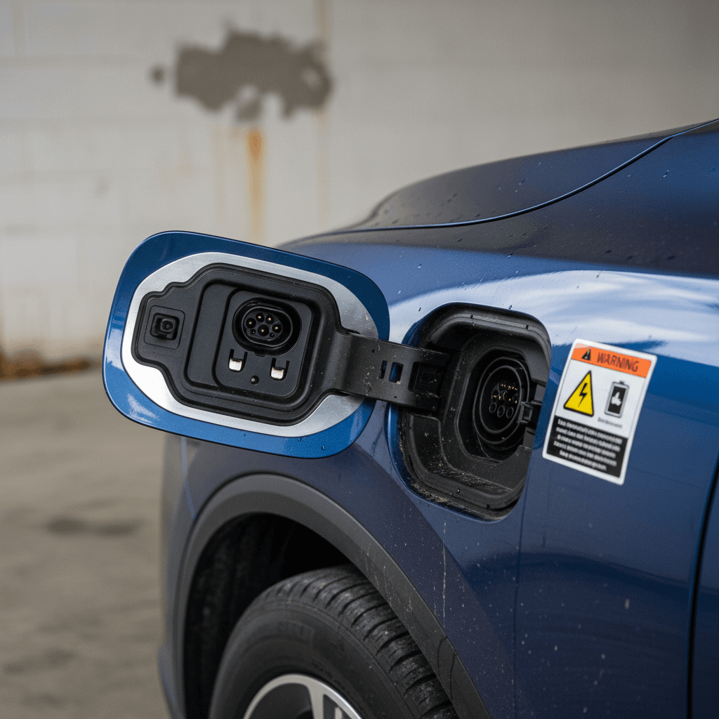 Close-up of an Acura ZDX charging port and high-voltage battery warning label while plugged into a charger