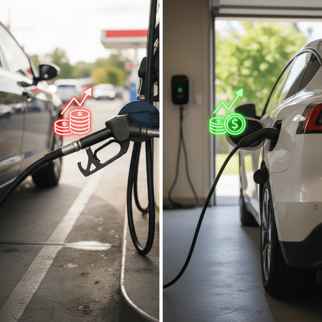 Side-by-side comparison of a gas car at a fuel pump and an electric car charging at home with cost icons showing lower cost for the EV