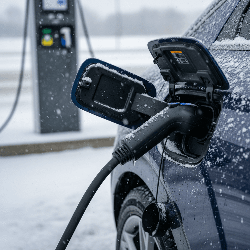 Lexus RZ charging at a public station with snow around the car and the range display visible on the central screen