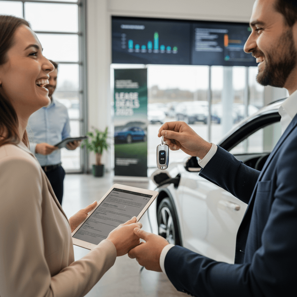 Smiling couple holding new car keys in a dealership after signing a lease