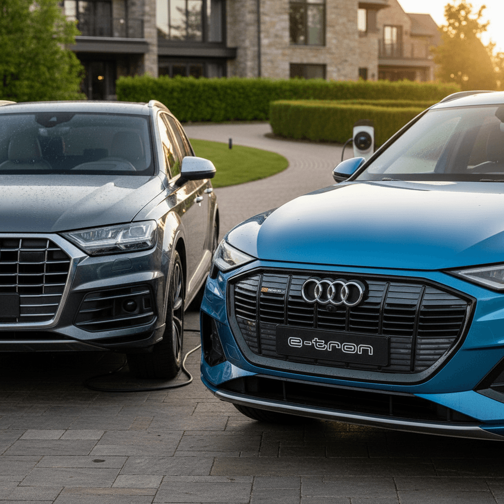 Audi Q7 gasoline SUV parked next to an Audi Q8 e-tron electric SUV in a suburban driveway