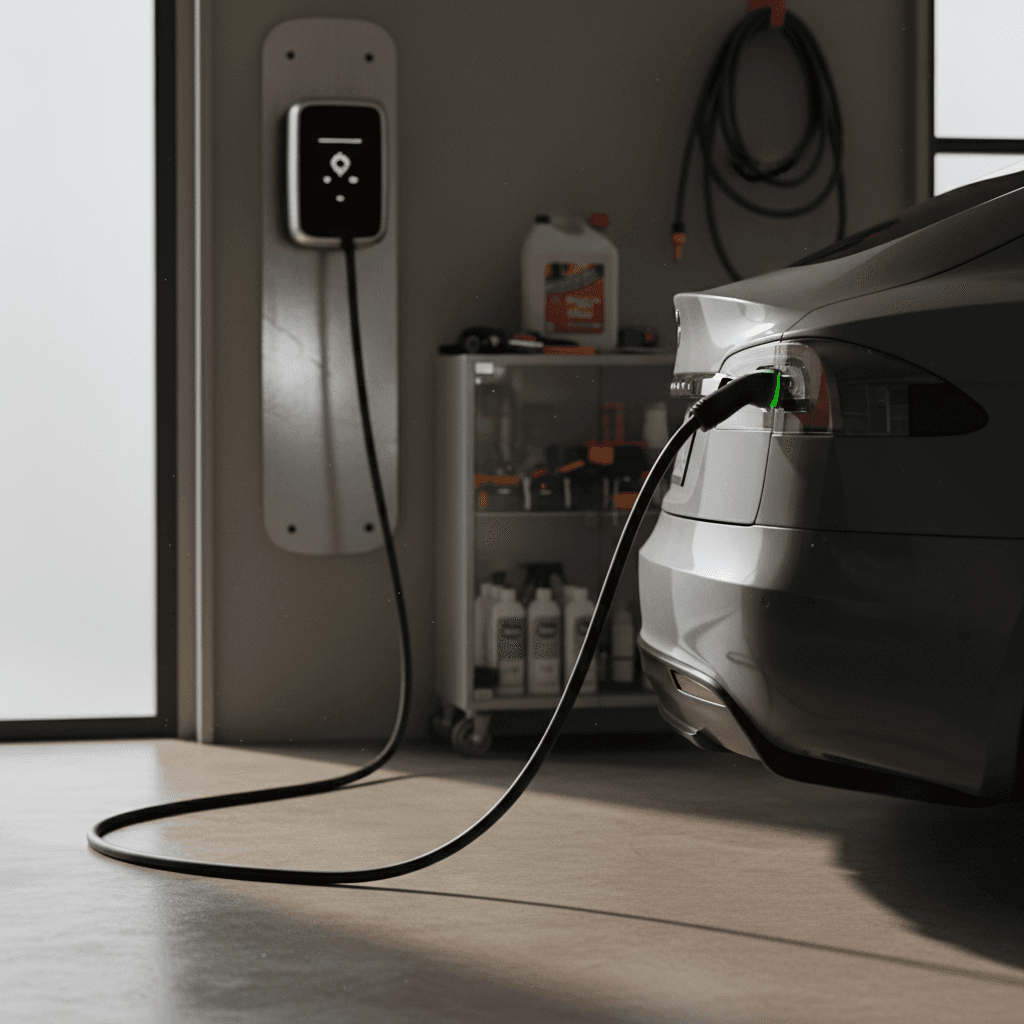 Row of used electric vehicles parked at a dealership, ready for sale