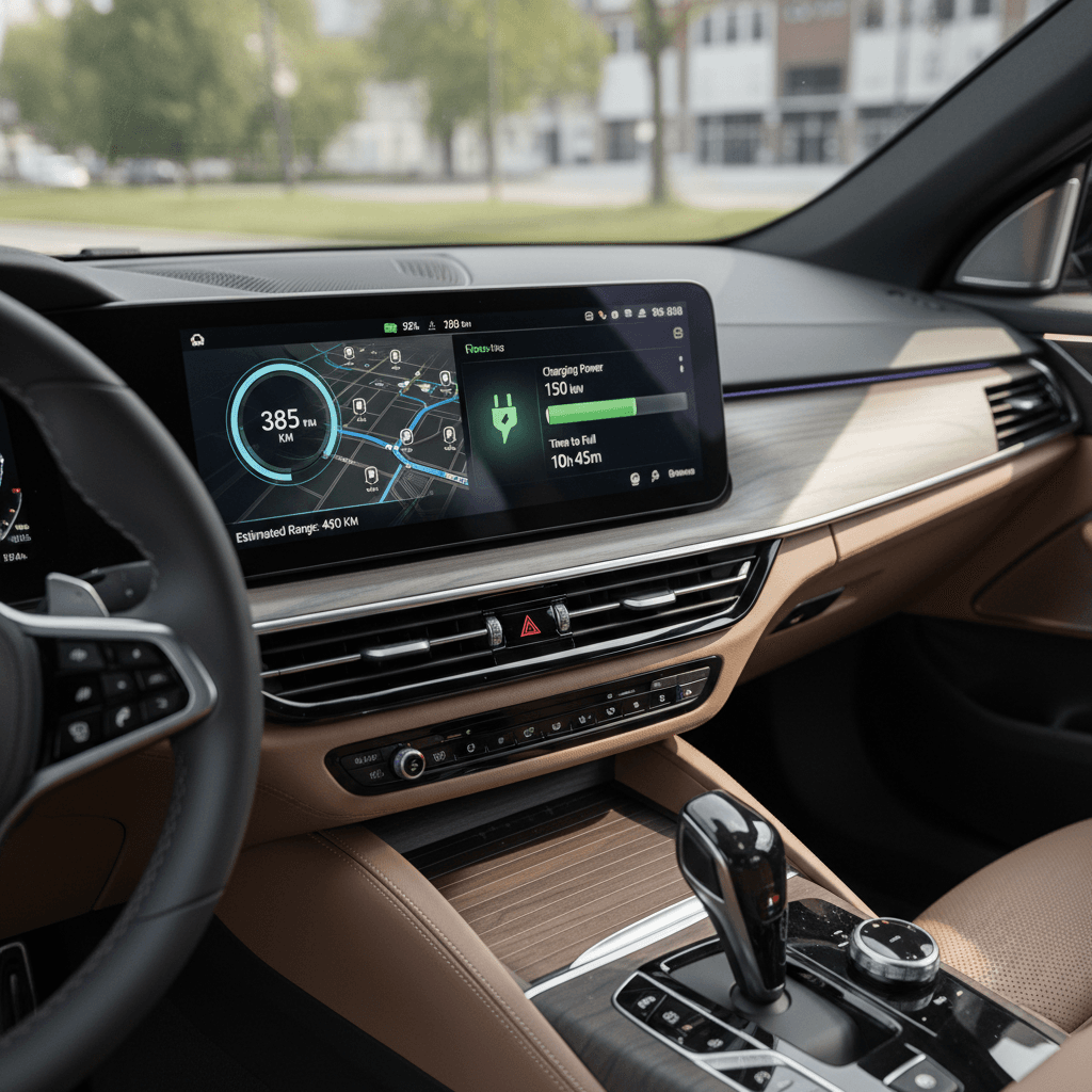 Cockpit of a modern luxury electric sedan showing large digital displays and ambient lighting