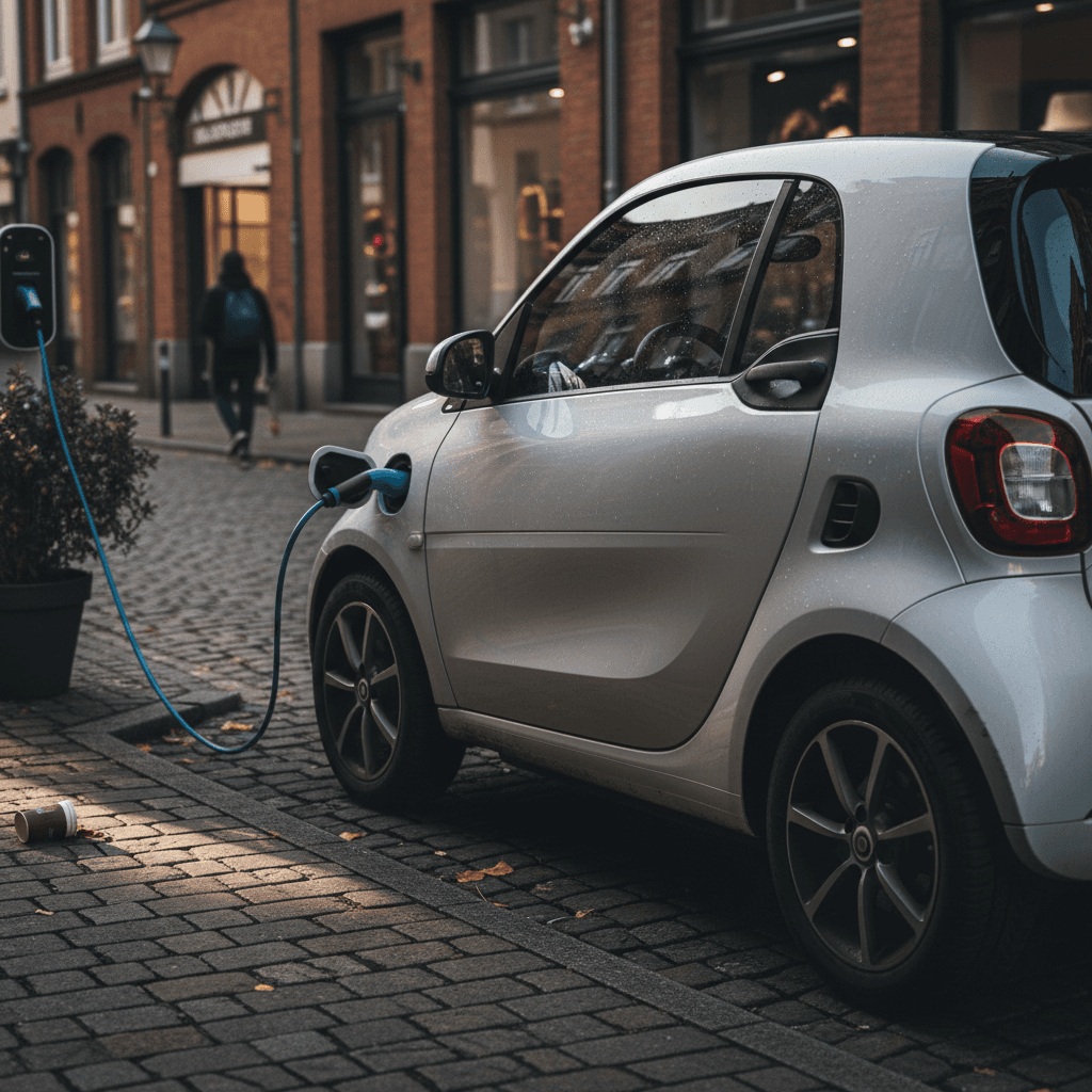 A tiny Smart Fortwo-style city car parked on a tight urban street