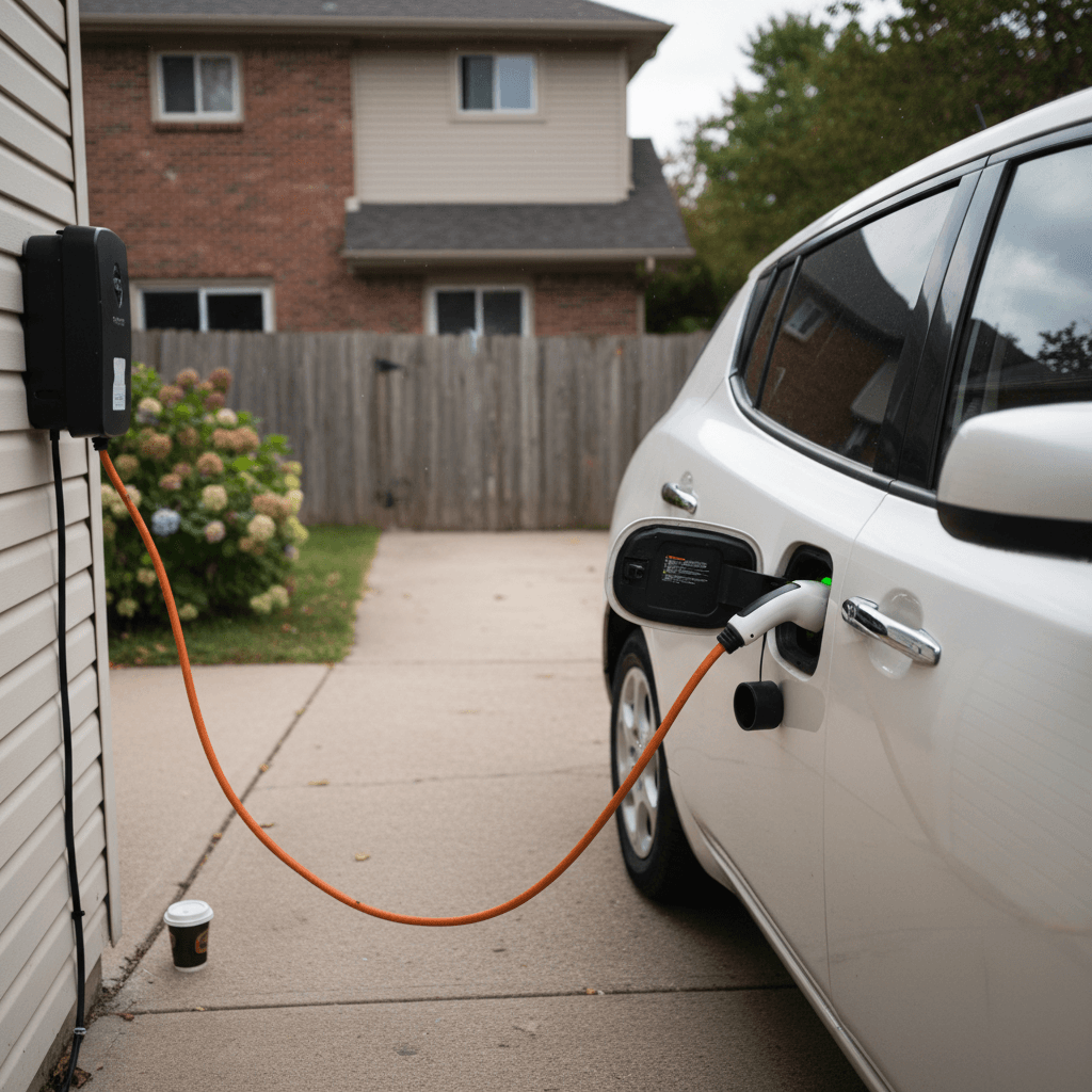 Used electric hatchback plugged into a Level 2 home charger in a driveway