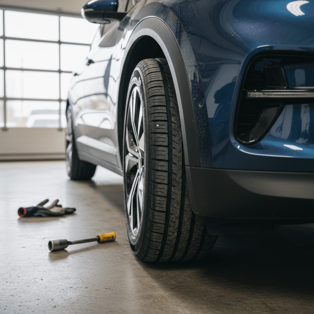Close-up of an electric vehicle tire and tread pattern on a modern EV