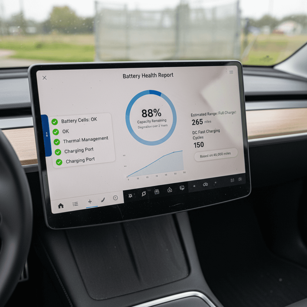 Seller and buyer standing beside a Tesla Model 3, reviewing the car before sale