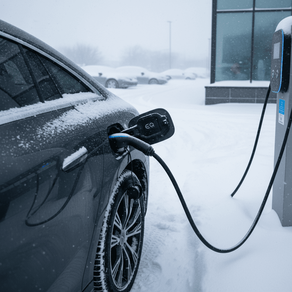 Mercedes EQS charging at a public station in a snowy parking lot, illustrating real-world winter range conditions