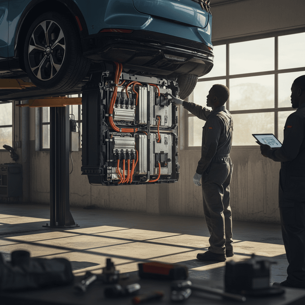 Underfloor view of an electric vehicle battery pack similar to the Ford Mach-E