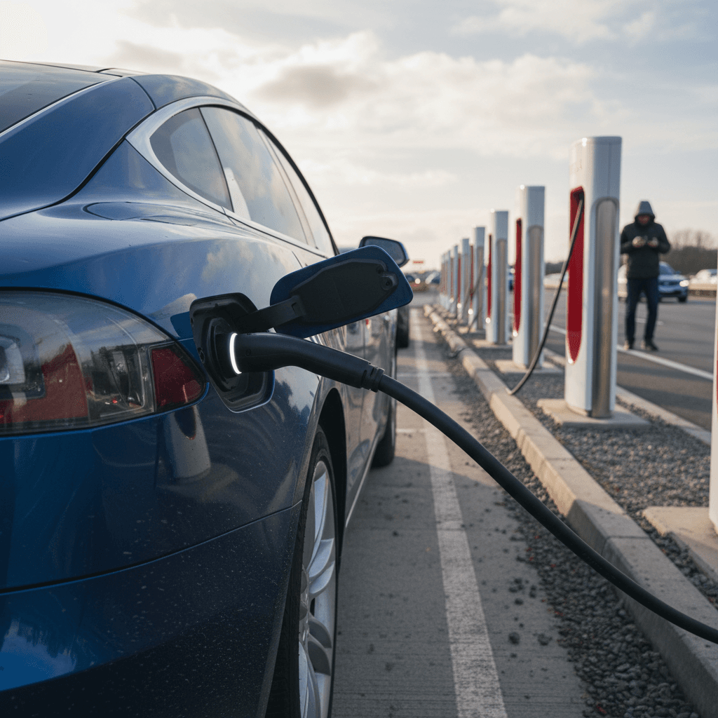 Tesla Model S plugged into a Supercharger at a highway rest stop during a long-distance road trip