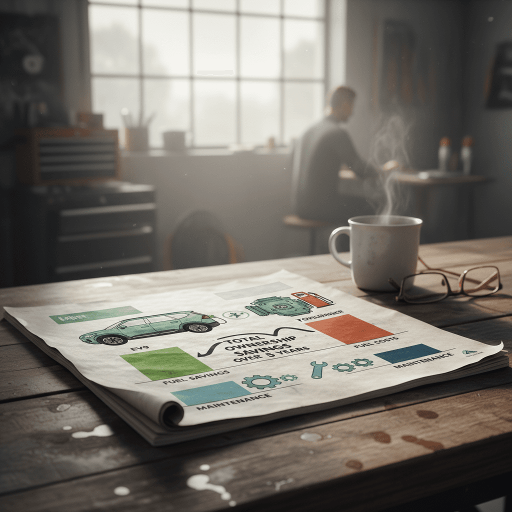 Infographic-style comparison of annual fuel costs for a Toyota Highlander versus annual electricity costs for a Kia EV9