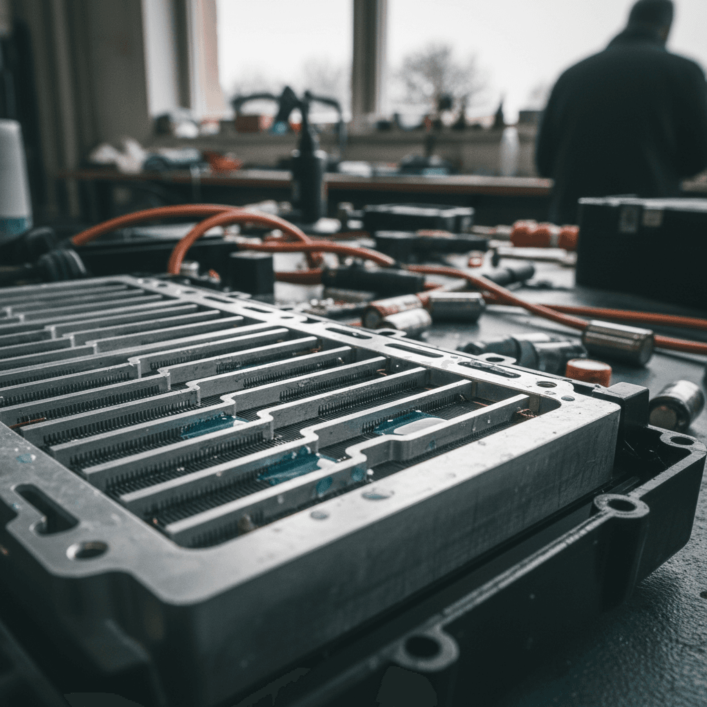 Closeup of an EV battery module with integrated liquid cooling cold plates