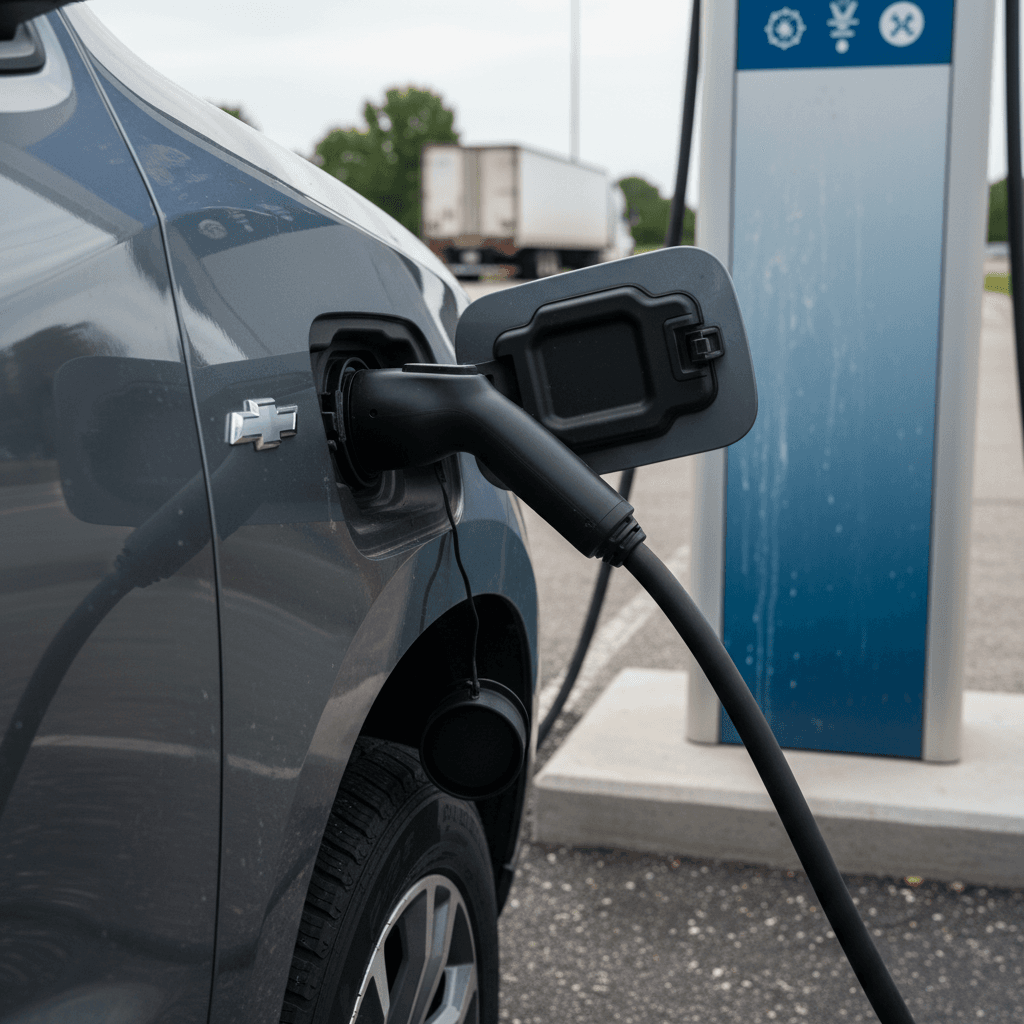 Chevy Silverado EV plugged into a DC fast charger at a roadside charging station