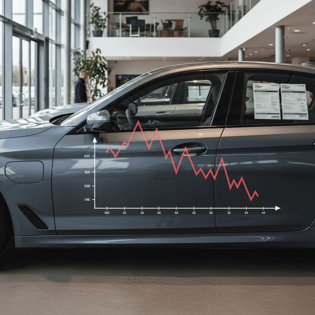 Used BMW i5 in a showroom with pricing information and a subtle chart hinting at depreciation over three years