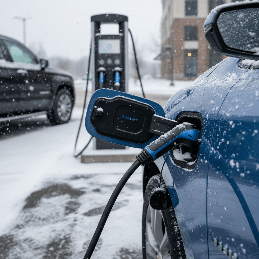 Chevrolet Equinox EV charging at a public station in light snow, illustrating cold weather EV charging and winter range planning