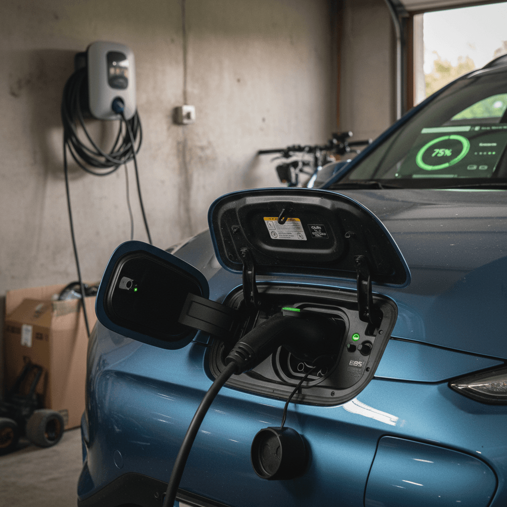 Hyundai Kona Electric plugged into a home wallbox charger with battery status displayed on the instrument panel