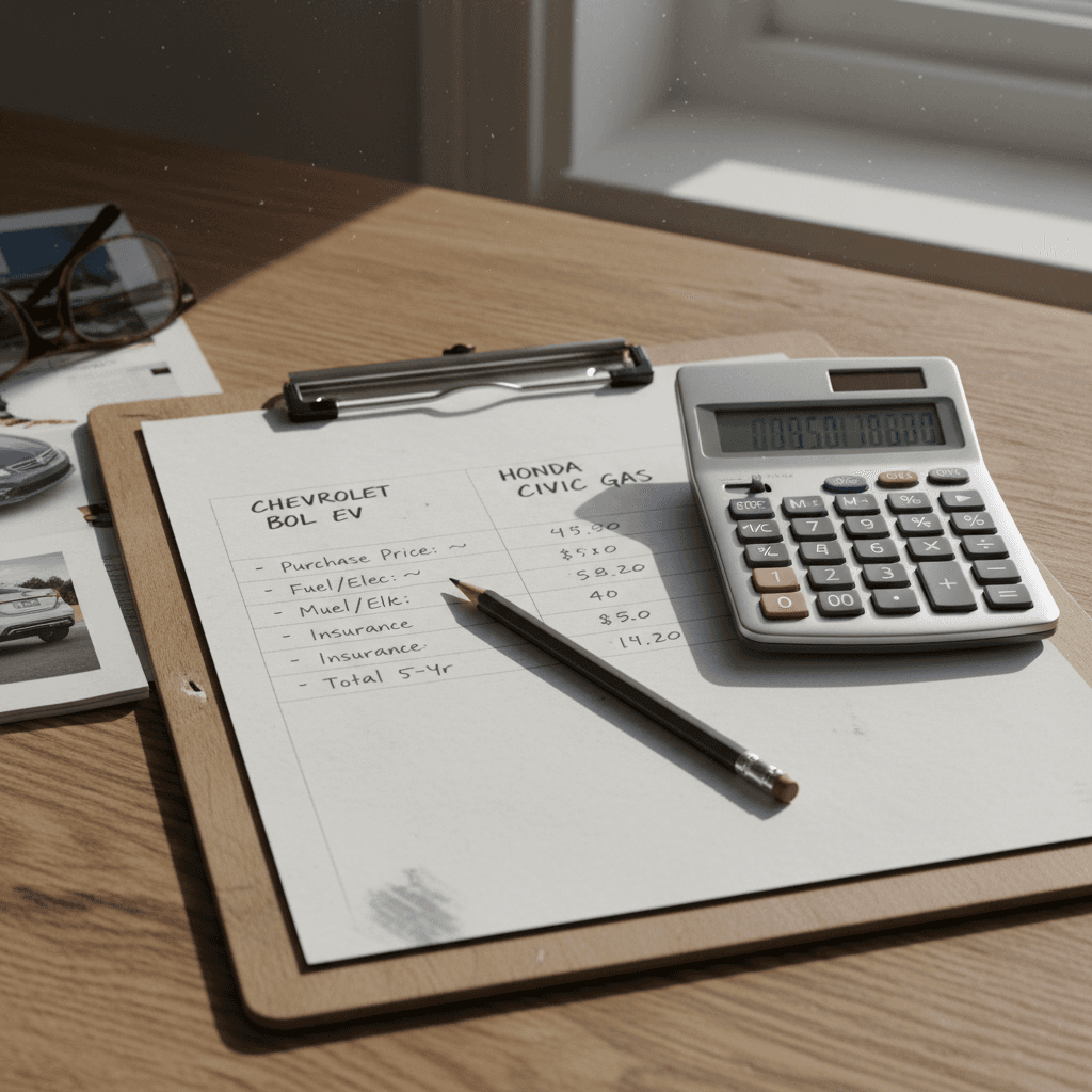 Cost comparison worksheet showing Chevrolet Bolt EV and Honda Civic ownership expenses side by side