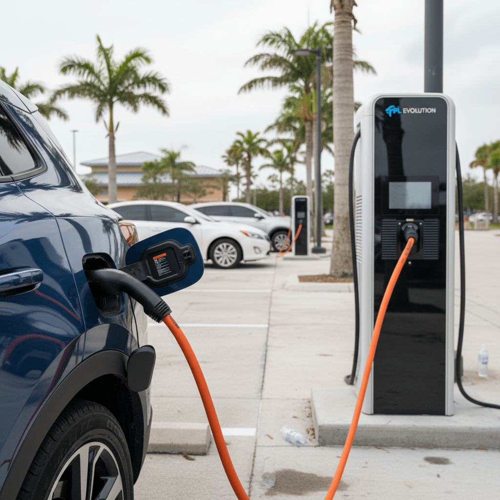 Electric vehicles charging at a modern DC fast charging plaza in Florida with palm trees and a highway in the background