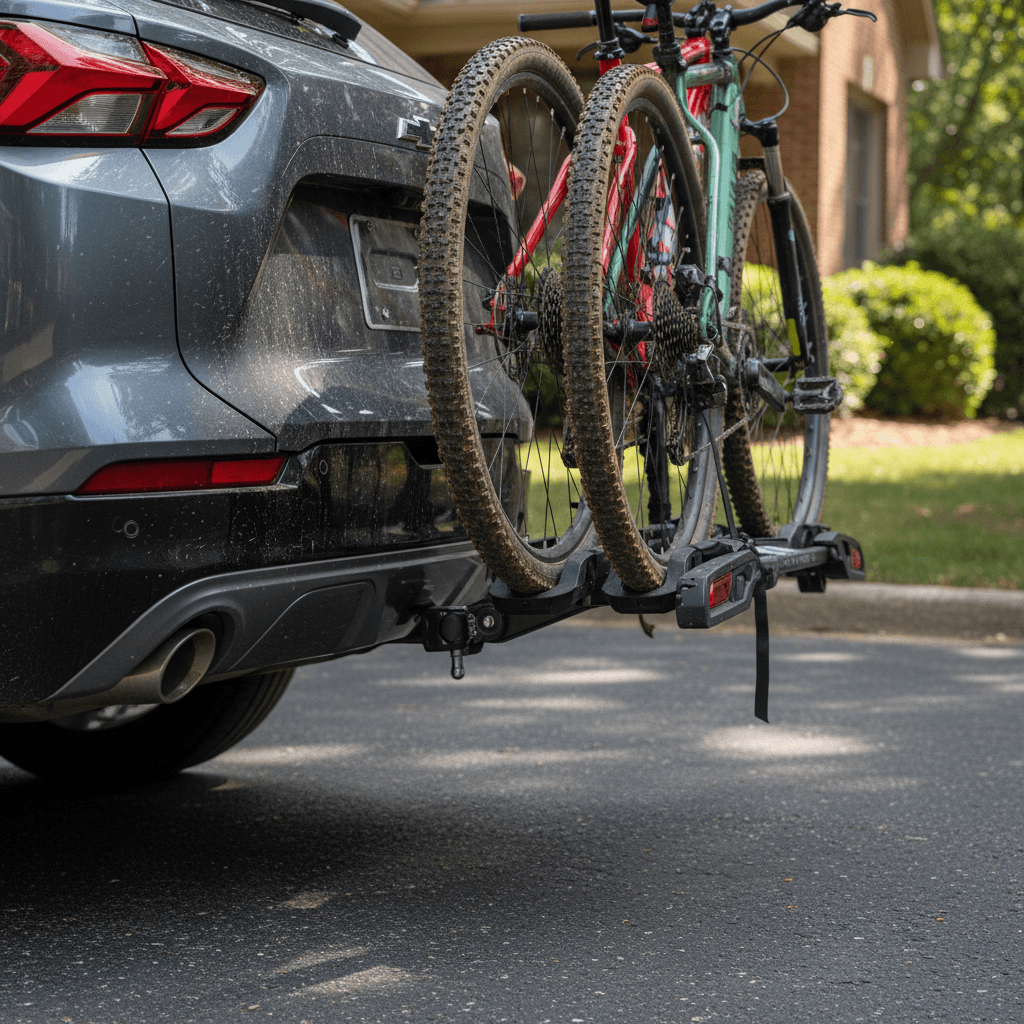 Chevrolet Blazer EV with a two-bike platform rack mounted to the rear hitch in a driveway