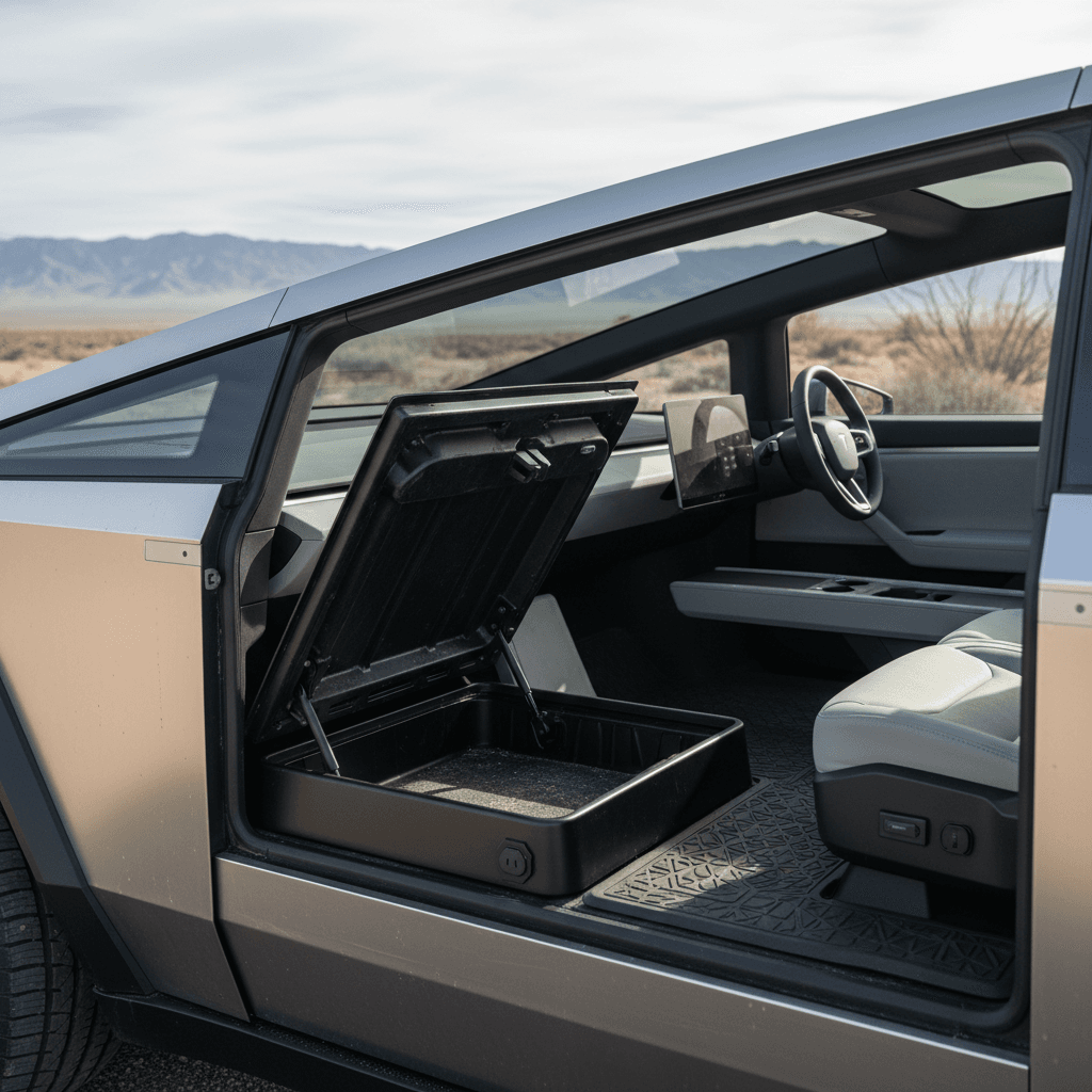 Tesla Cybertruck bed and interior showing stainless bed, underfloor storage, and five-passenger cabin