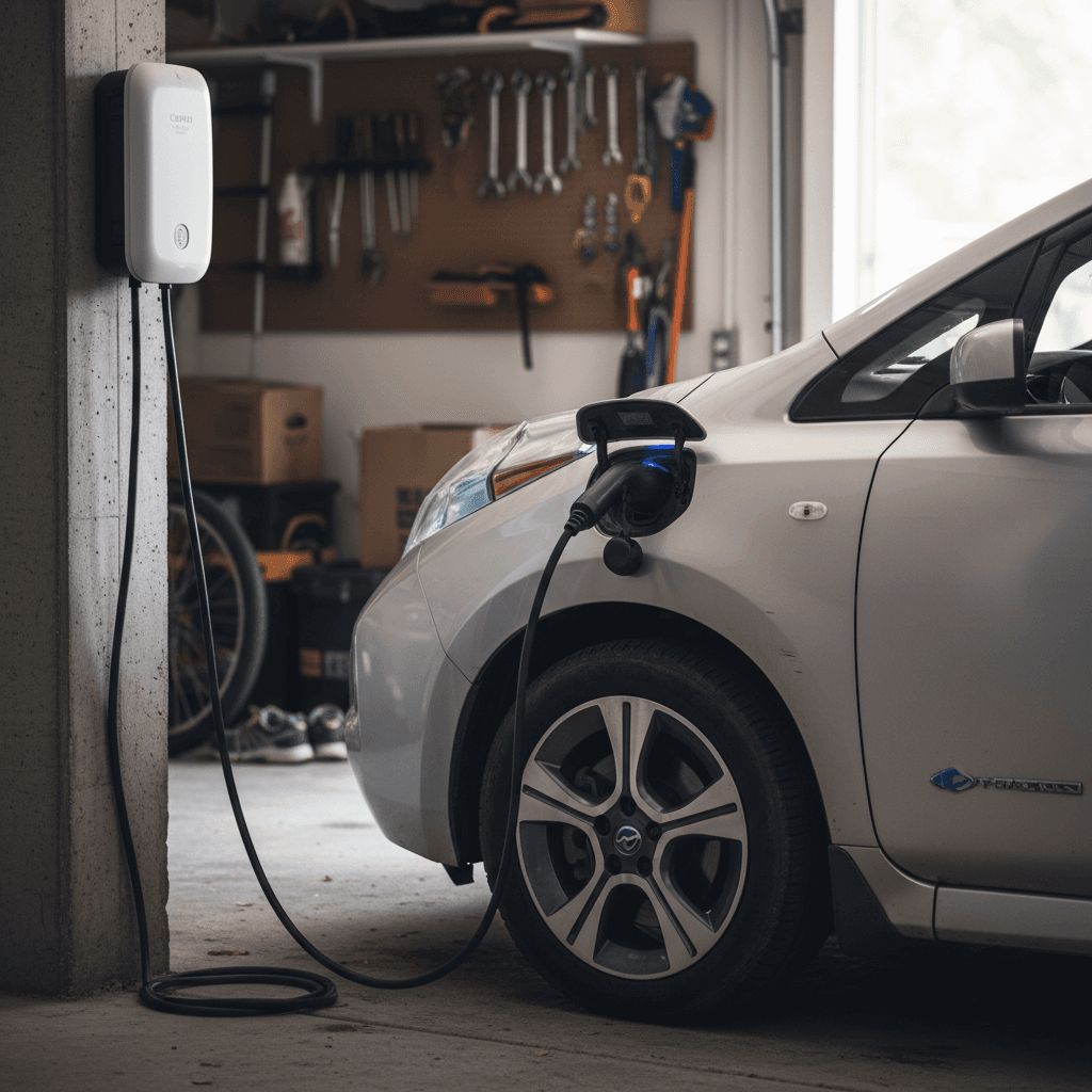 Used electric hatchback plugged into a home Level 2 charger in a residential garage