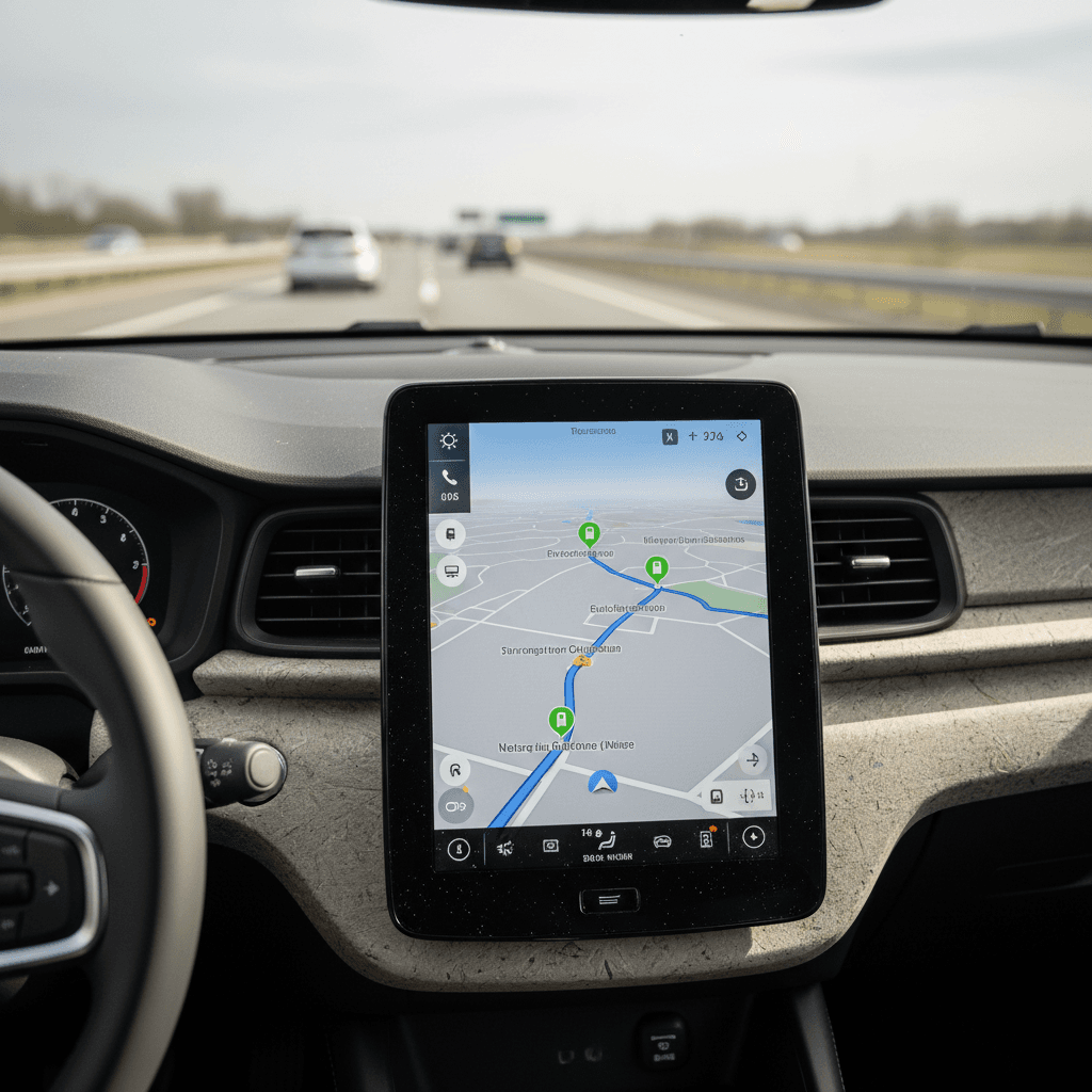 Polestar 2 infotainment screen showing EV route planning with charging stops during a highway road trip