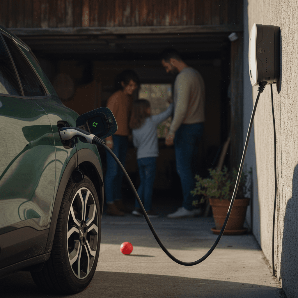 Family charging a small electric SUV at a public charging station