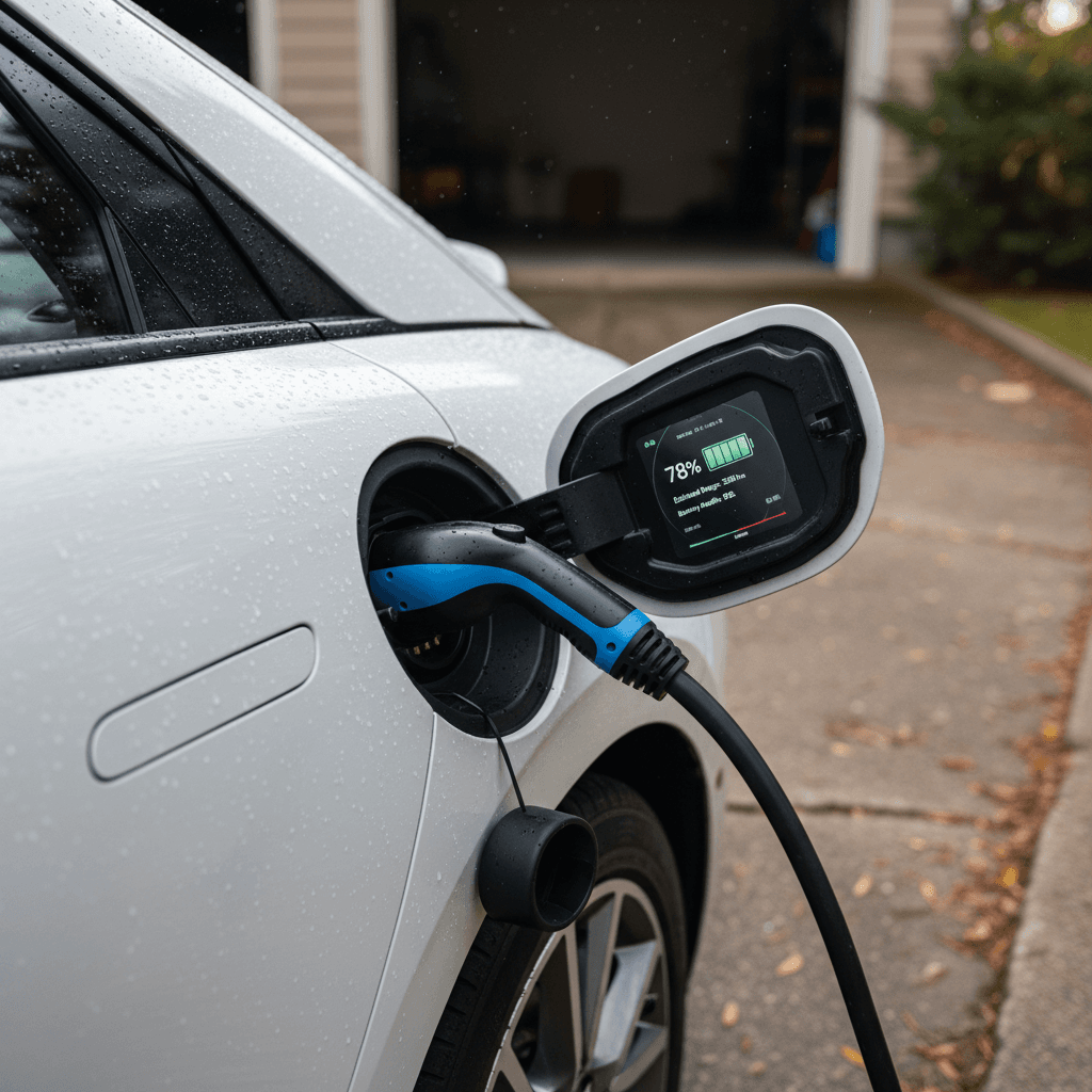 Hyundai Ioniq 6 charging port and on‑screen battery status display while plugged in at home