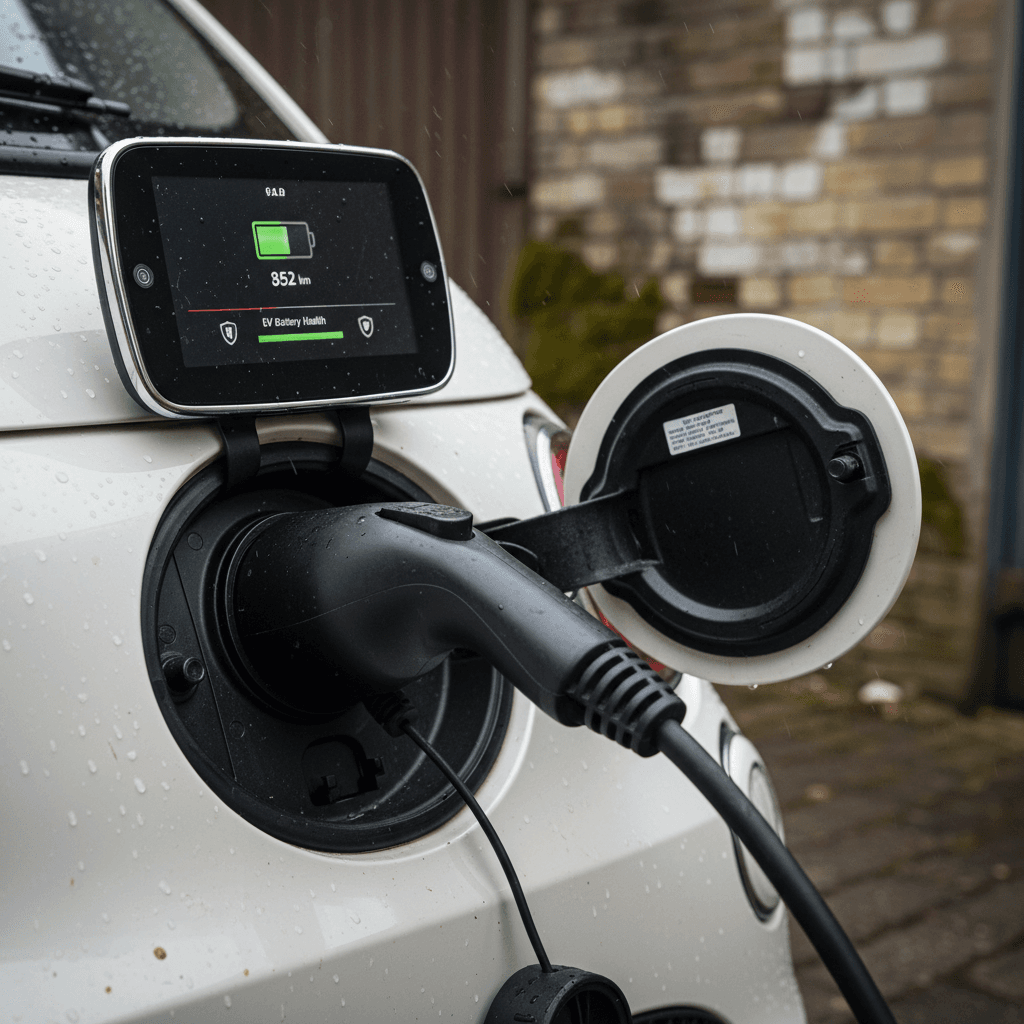 Charging port and battery gauge illuminated on a plugged-in Fiat 500e, showing state of charge