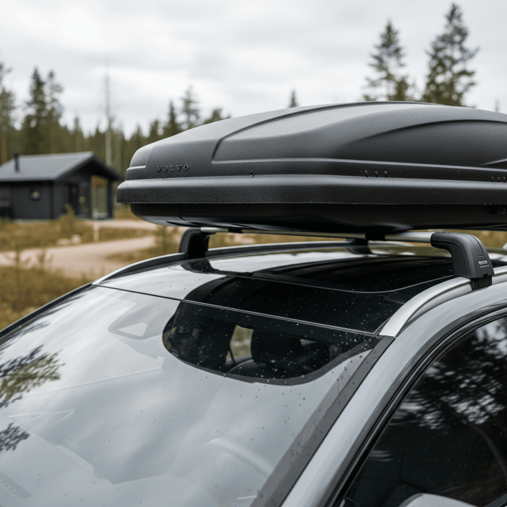 Volvo EX90 roof rails with factory crossbars and cargo box mounted