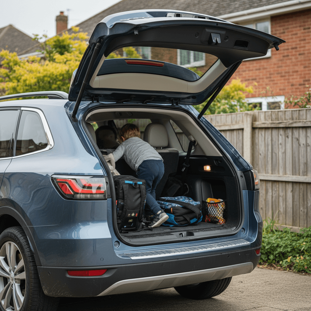 Three-row electric SUV parked on a quiet suburban street with all three rows of seats visible through the windows