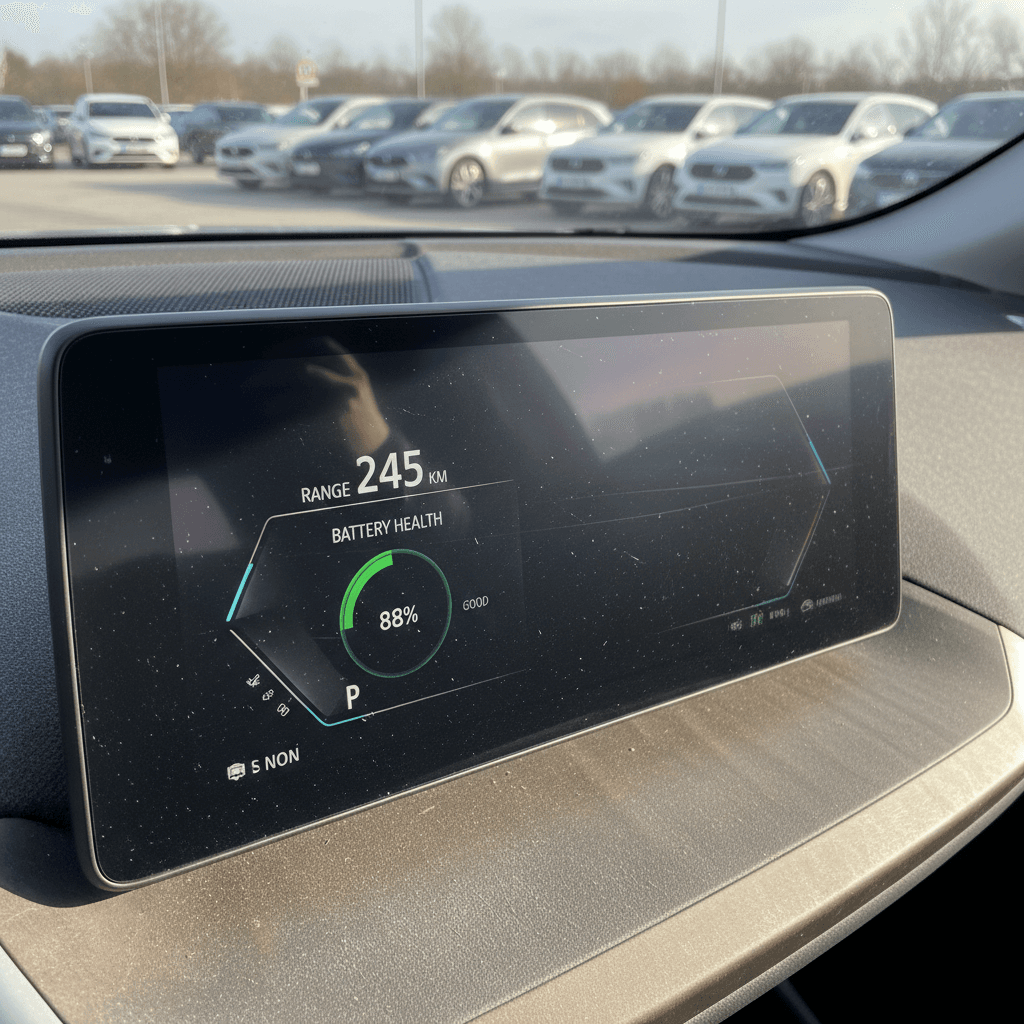 Digital instrument cluster of a BMW iX showing range remaining and battery status