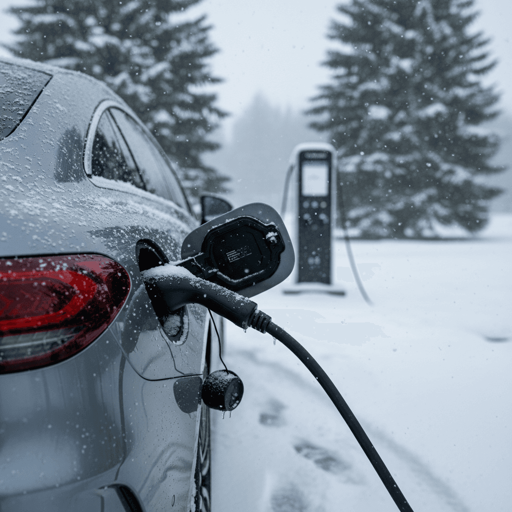 Mercedes EQE charging at a public station during light snowfall, illustrating winter EV charging
