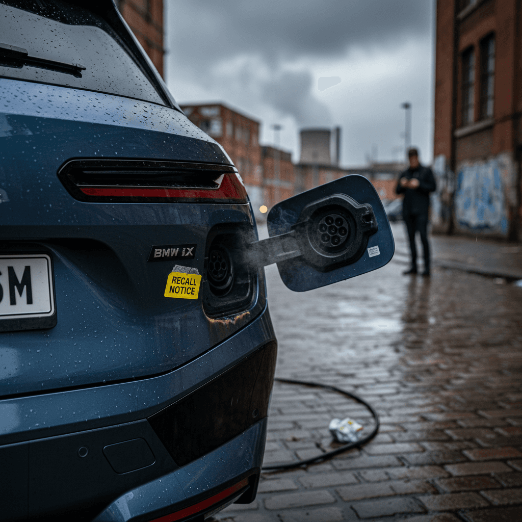 Technician under a BMW i4 on a lift inspecting its battery pack and suspension components